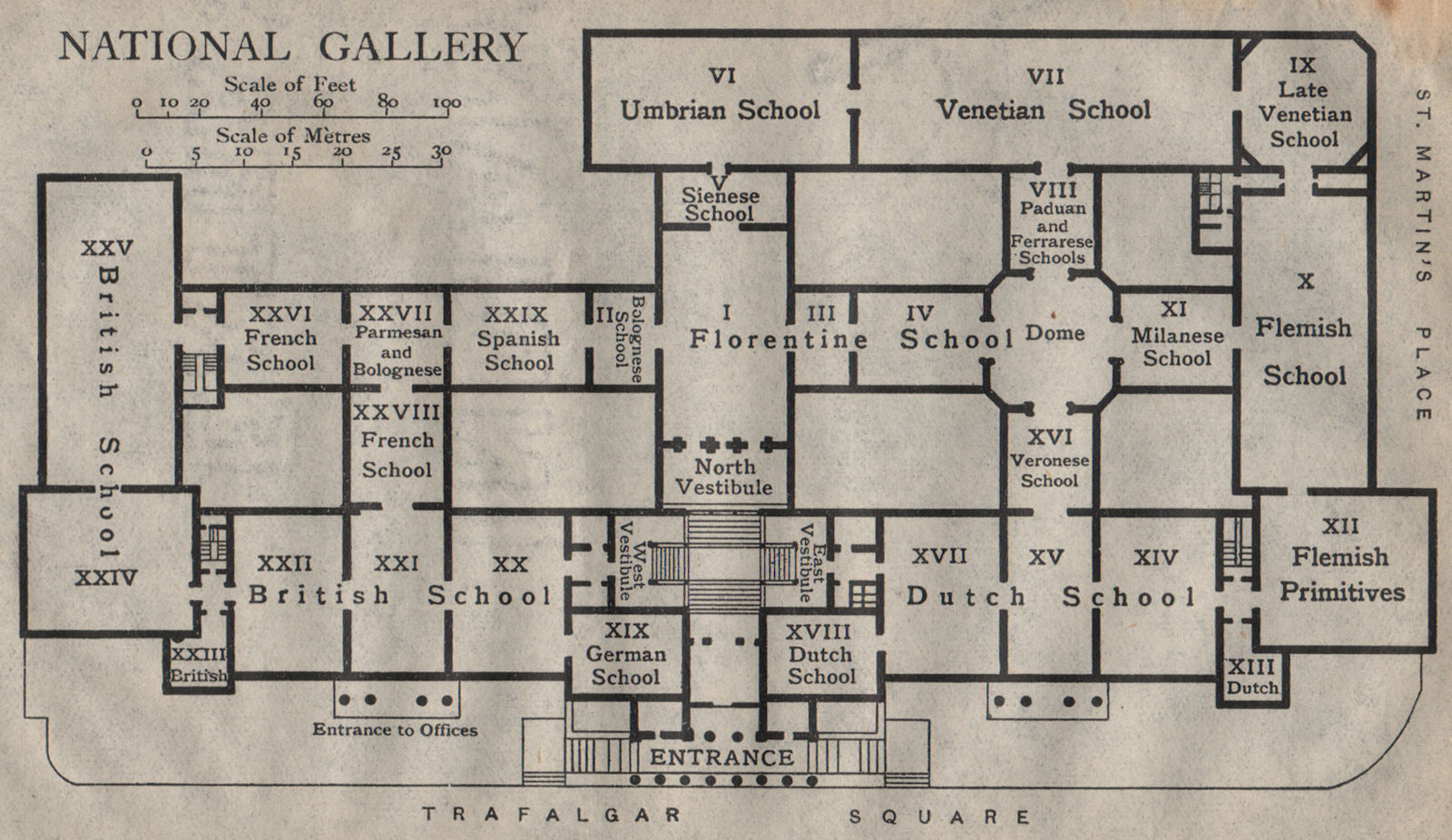 NATIONAL GALLERY. Vintage map plan. London 1919 old antique chart